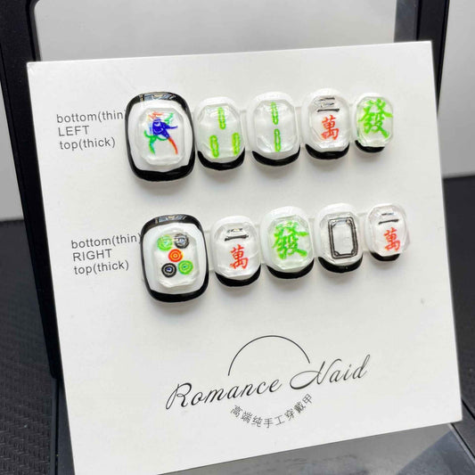 mahjong masterpiece chinese short oval white handmade press on nails