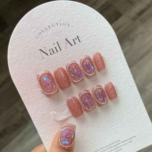 roseate glint - elegant medium square pink handmade press on nails