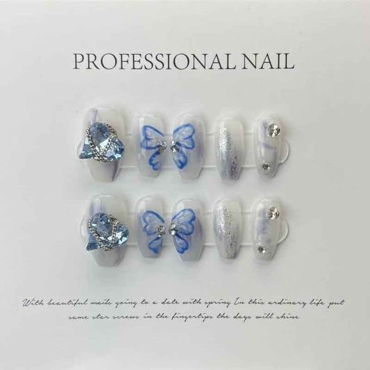 sapphire butterfly whimsy - elegant short coffin white handmade press on nails