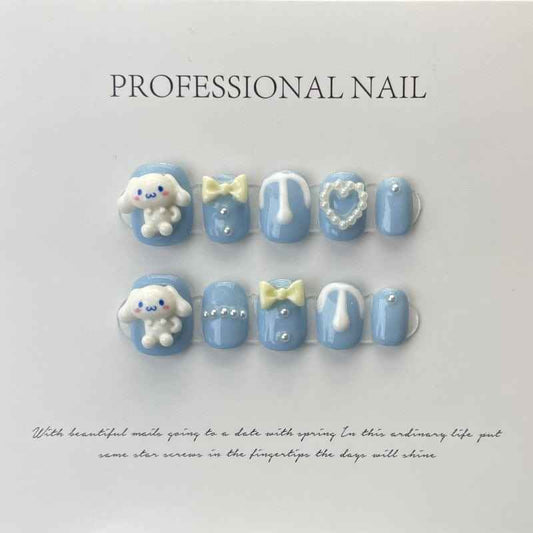 puppy love pads - cute short oval blue handmade press on nails