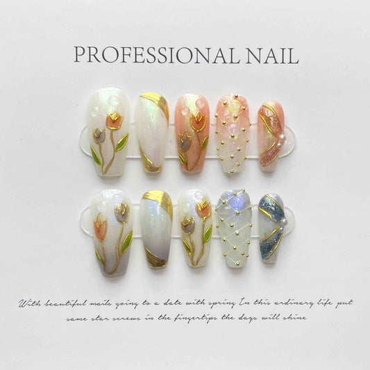 springtime sonata spring long coffin white handmade press on nails