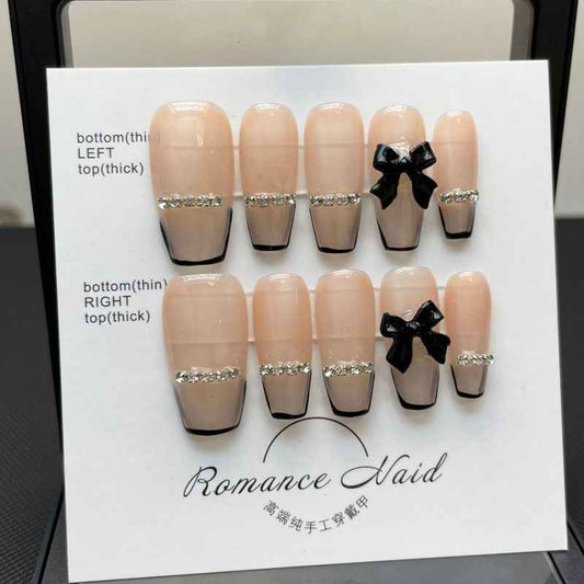 chic bow charms - elegant long coffin nude handmade press on nails