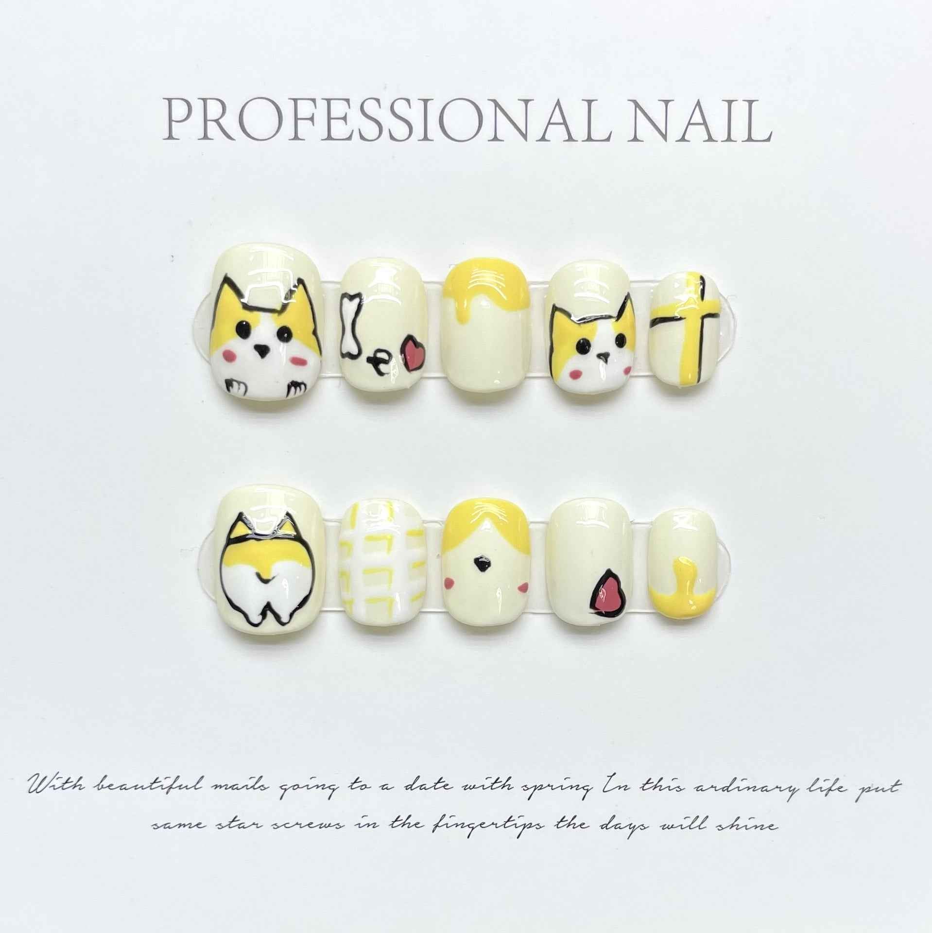 puppy playdate - cute short oval orange handmade press on nails