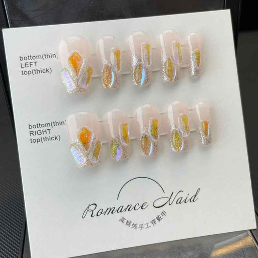 shimmering gemstone array - elegant short coffin nude handmade press on nails