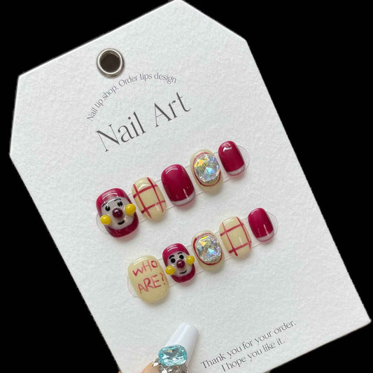 cheerful pup - cute short oval red handmade press on nails
