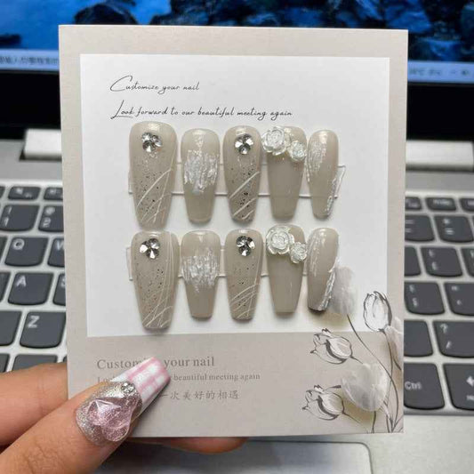 ethereal floral whispers - elegant long coffin silver handmade press on nails