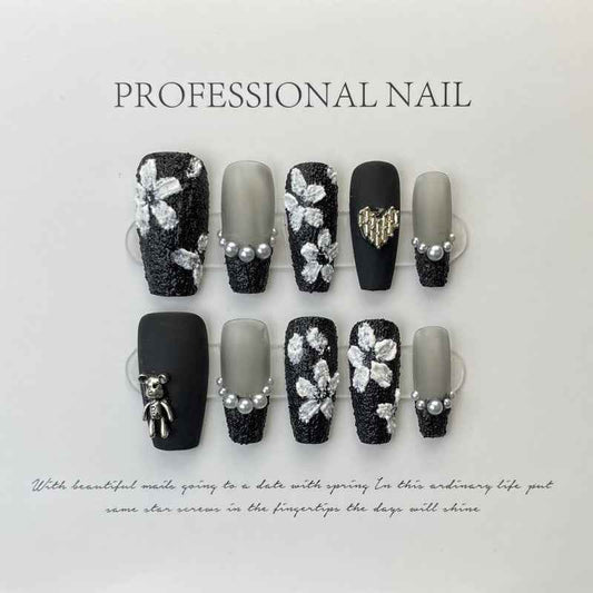 velvet fleur - elegant long coffin black handmade press on nails