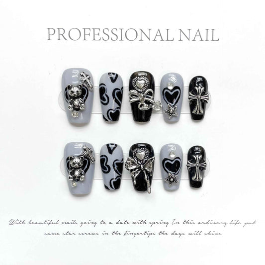 noir love enchantment - cool short coffin black handmade press on nails