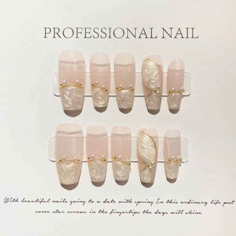 opalescent dream - elegant long coffin nude handmade press on nails