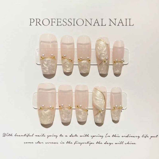 opalescent dream - elegant long coffin nude handmade press on nails