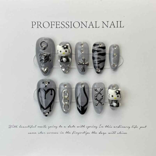 monochrome feline fancy - cool medium almond black handmade press on nails