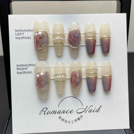 gemstone elegance - elegant long coffin white handmade press on nails