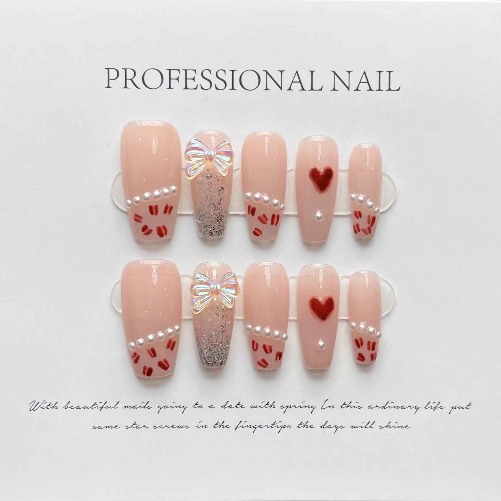 lovestruck pearls - sweet long coffin pink handmade press on nails