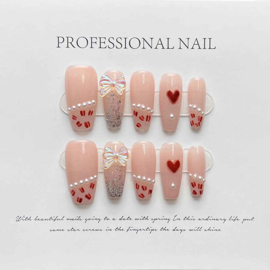 lovestruck pearls - sweet long coffin pink handmade press on nails