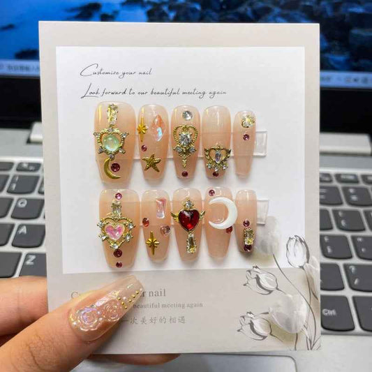 celestial spark - sweet long coffin nude handmade press on nails