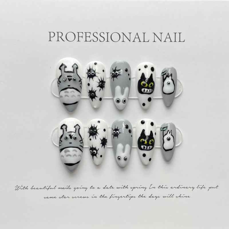monochrome mischief - cute medium almond silver handmade press on nails