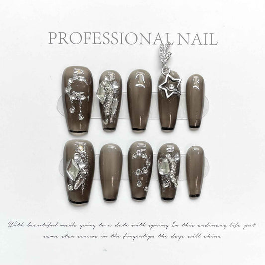 nocturnal shine - elegant long coffin black handmade press on nails