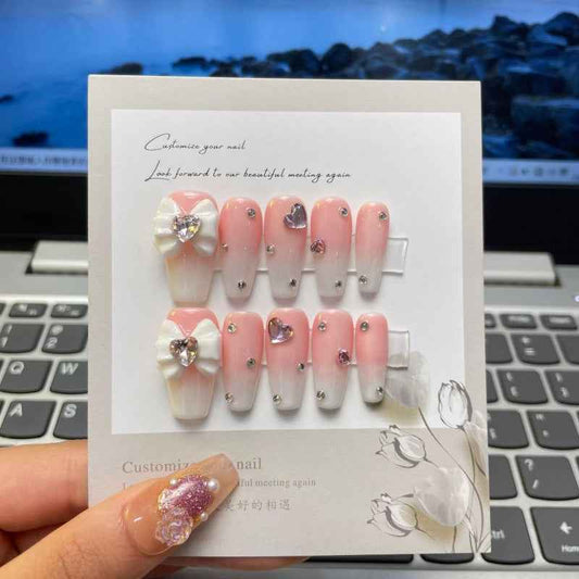love sparkle - sweet long coffin pink handmade press on nails