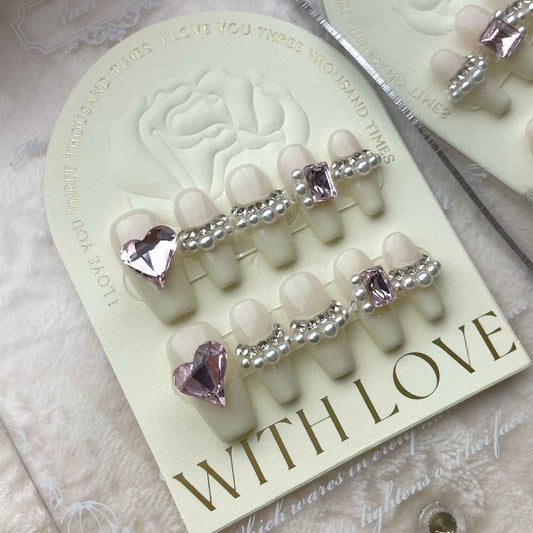 romantic echo - elegant long coffin white handmade press on nails
