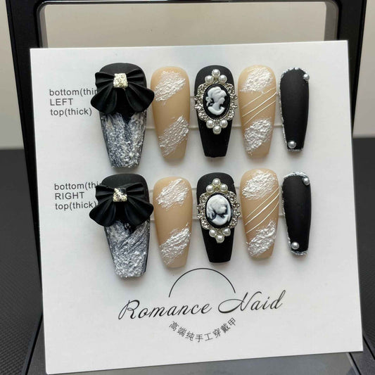 cameo charm - elegant long coffin black handmade press on nails