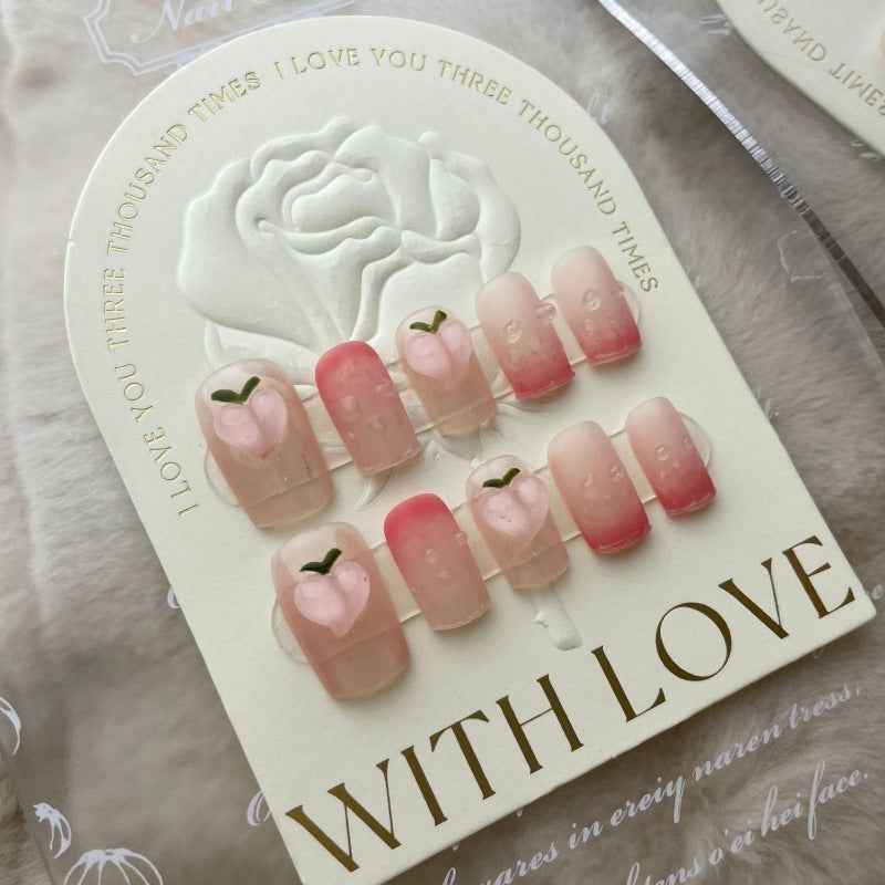 peachy hearts - sweet medium square pink handmade press on nails