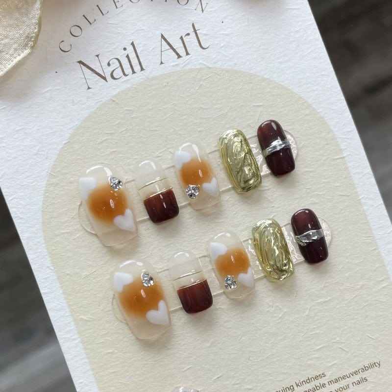 champagne sparkle - elegant medium square brown handmade press on nails