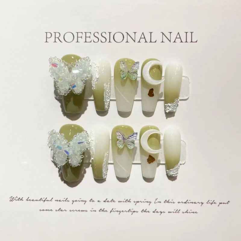 mystic flutter - elegant long coffin green handmade press on nails