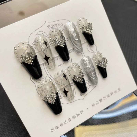 midnight spark - elegant long coffin black handmade press on nails