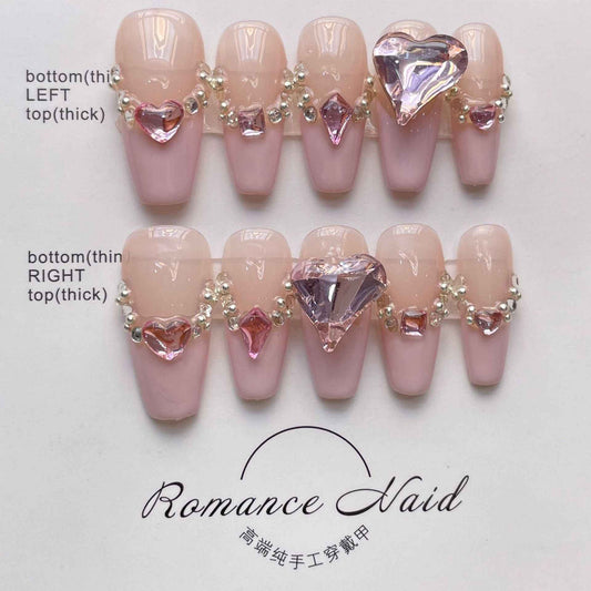 amour glitz - sweet long coffin pink handmade press on nails