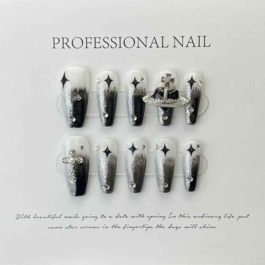 starry elegance - elegant long coffin black handmade press on nails
