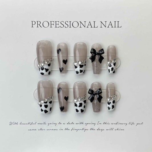 dalmatian dream - cool long coffin black handmade press on nails