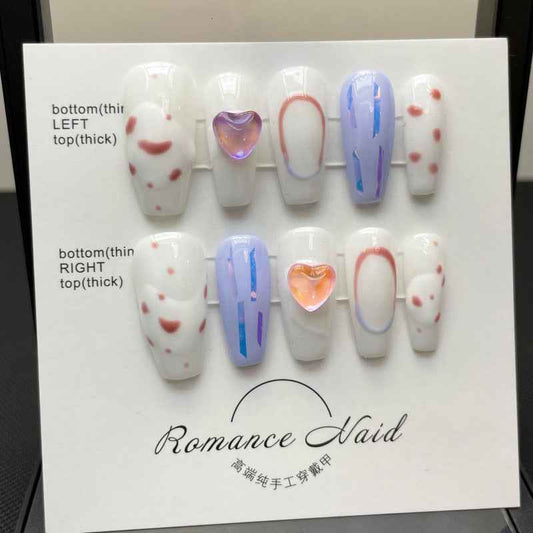 heartfelt blush - sweet long coffin white handmade press on nails