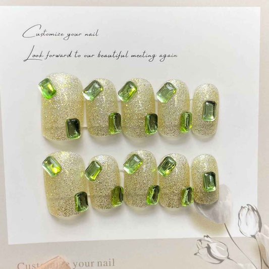 emerald essence - elegant medium square green handmade press on nails
