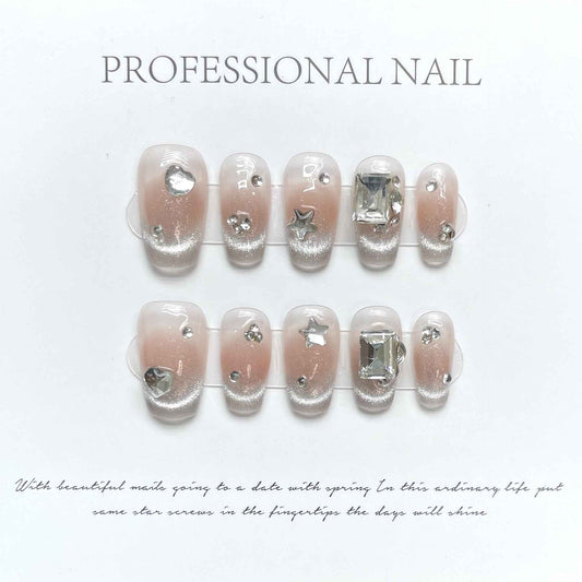 diamond dew - elegant short coffin pink handmade press on nails