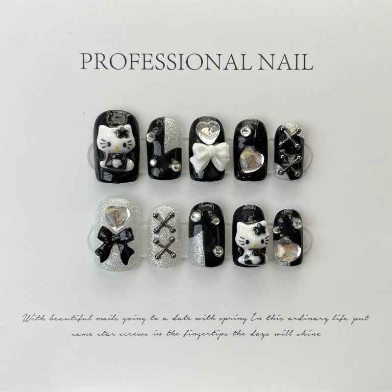midnight meow - cool medium square black handmade press on nails