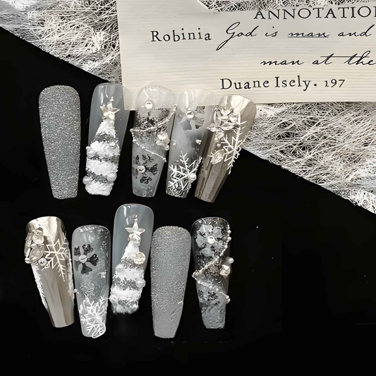 crystal frost - elegant extra long coffin white handmade press on nails